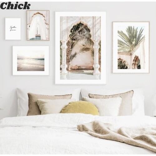 Soft Beach And Blurred Palm Leaf Garden European Poster Islamic Wall Art Print Canvas Decoration Painting Living Room Picture