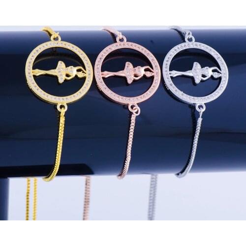 New Years Gift Micro Pave Zircon Ballet Dancing Girl Round Connector Charms Gold Link Chains Bracelets For Christmas Gifts