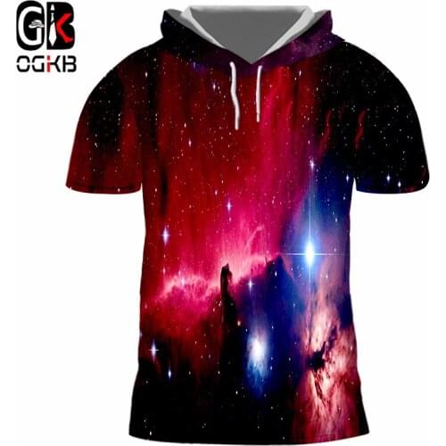 OGKB New Hooded T-shirt Men Womens Cool Red Galaxy Space 3D Printed T Shirt Harajuku Hip Hop Short Sleeve Hoodie Pullovers 7XL