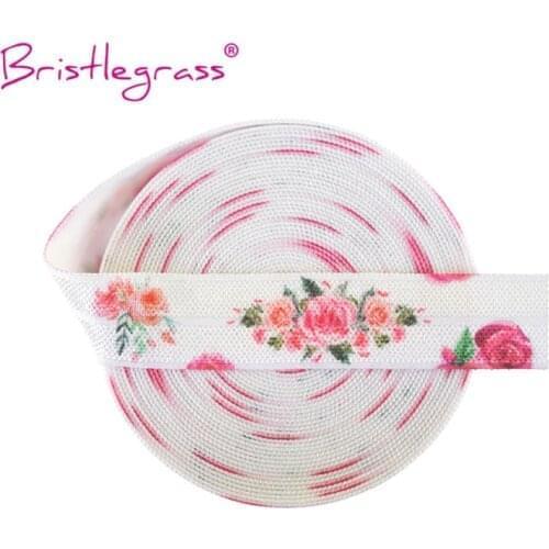 BRISTLEGRASS Wholesale 50 Yard 5/8" 15mm Rose Flower Print Fold Over Elastics FOE Spandex Satin Bands Headband Dress Sewing Trim