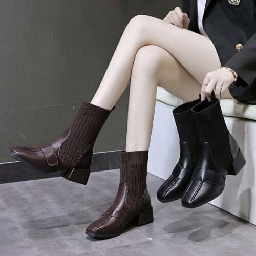 Plus size Martin boots women 2020 autumn and winter new short boots knitted square toe thick heel women socks boots