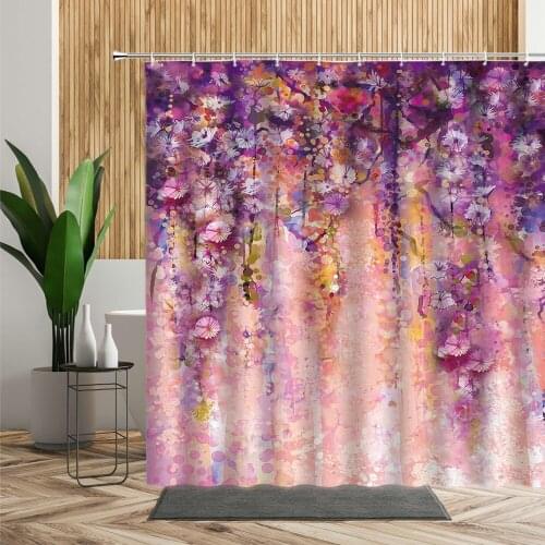 Purple Flower Vine Shower Curtain Abstract Art Floral Printing Bathroom Decor Waterproof Bath Fabric With Hooks Hanging Curtains