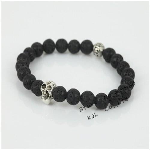 High quality natural Lava energy stone beads bracelet fashion silver-color skull head yoga stretch mens and womens bracelet