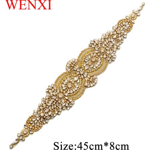 WENXI 1PCS Handmade Rhinestones Appliques Sewing On For Wedding Dress Belt beaded Clear Crystal Rhinestones Accessory WX877