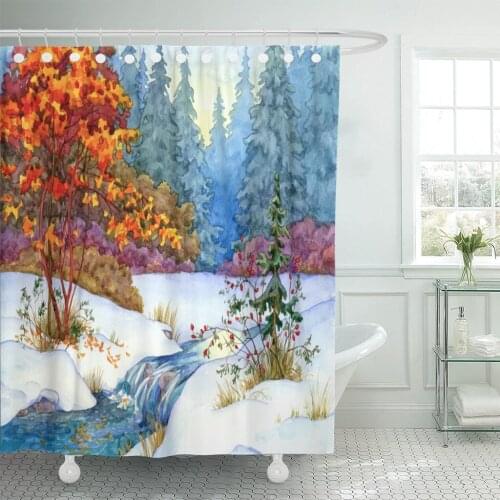 Colorful Bright Watercolour Drawing Sketchy on Quiet Wintertime Nightfall Scene Lush Blue Firtree Bathroom Curtain Waterproof