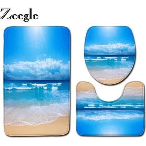 Zeegle Bath Mat Sets 3Pcs Bathroom Carpet Becach Series Floor Mats Toilet Lid Cover Non-slip Bathroom Rug Toilet Mats Doormat