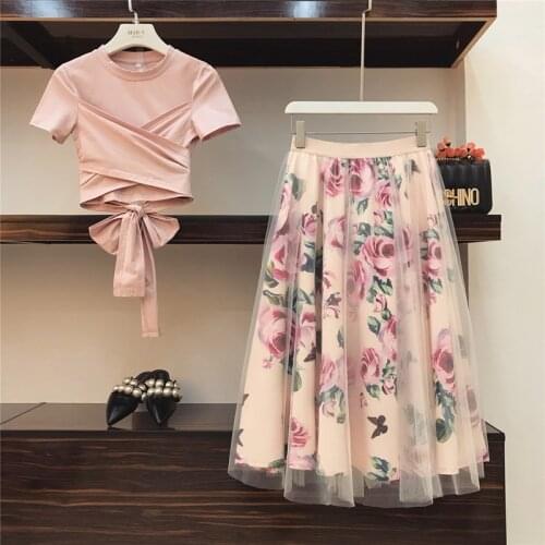 Women Flower Print Mesh Skirt + Irregular Cotton T-shirt Casual 2 Piece Set Bowknot Pink Crop Tops + Floral Mid-Calf Skirt Set