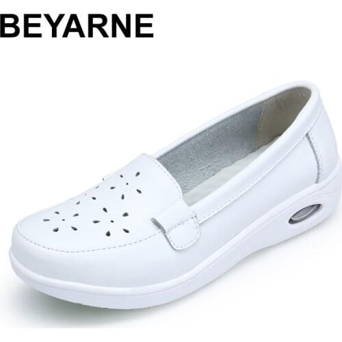 BEYARNE Four Seasons woman Pure black and white soft platform full sole nurse air cushion Shoes Women Genuine shoesL007