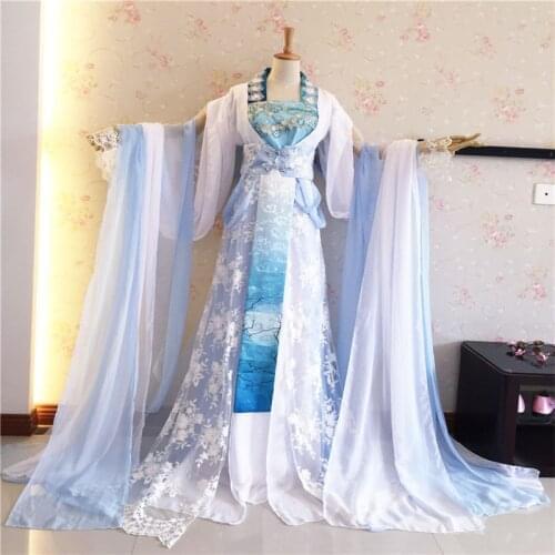 6 Designs Wide Sleeve Long Tailed Gorgeous Empress Princess Cosplay Costume Hanfu cos Liu Chuyu Chenyu White Blue Gradient Color