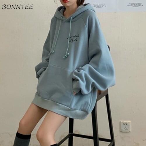 With Hat Hoodies Women Pullover Letters Medium-long Style Warm Thicker Korean Style Students Womens All-match Outfit Top Modern