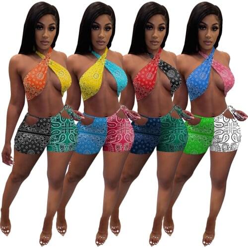 Sexy Print Colorful Swimsuit Bikini Halter Bra + Short Pants Backless Summer Beach Clothes For Women Outfit