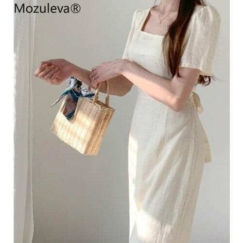 Mozuleva New 2020 Women Summer Dresses Casual Lace Up Bow High Waist Vestidos Square Collar Trumpet Cotton and Linen Long Dress