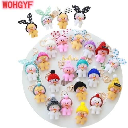 1pc Cute Keychain Lalafanfan Kawaii Cafe Mimi Yellow Duck Action Figure Keyring Bags Decoration Toys For Children