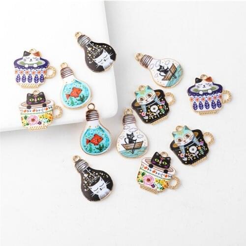 10pcs/lot Light Bulb Cat Cup Enamel Alloy Charms For Jewelry Making DIY Earrings Necklace Pendant Accessories