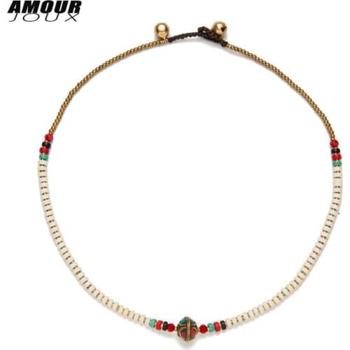 AMOURJOUX 45cm Vintage White Beaded Tibetan Round Charm Choker Statement Necklaces For Women Female Bohemian Jewelry