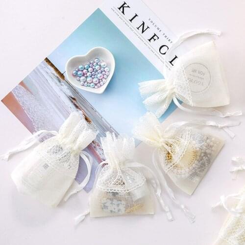 White Wedding Feather Lace Pouches Drawstring Gift Bag Party Favor Organza Mesh Slub Yarn Jewelry Storage Display12/50pcs 10x14