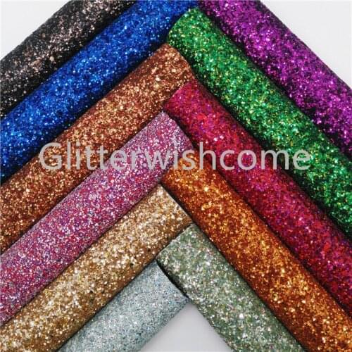 Glitterwishcome 21X29CM A4 Size Iridescent Glitter Fabric, Chunky Glitter Leather, Faux PU Leather fabric Vinyl for Bows, GM459A