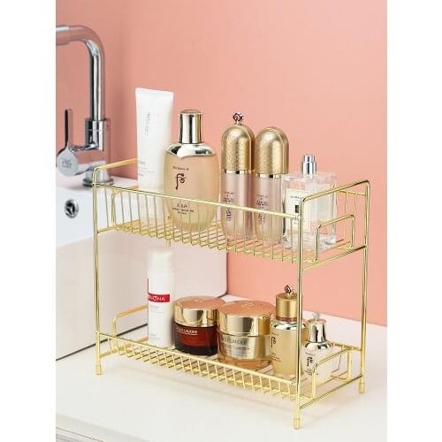 Rose Gold Double Layer Cosmetics Storage Rack Bathroom Makeup Organizer Kitchen Seasoning Storage Shelves Metal Finishing Rack