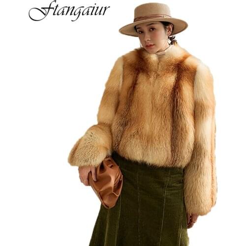 Ftangaiur 2021 Winter Import Golden Island Fox Fur Coat Women Full Sleeve V-Neck Full Sleeve Short Natural Real Fox Fur Coats