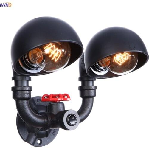 IWHD 2 Head Black Vintage Wall Lamp Bedroom Restaurant Water Pipe Loft Decor Indsutrial Wall Light Sconce Edison Style Lighting