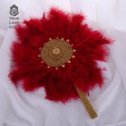 Red Series Feather Wedding Custom Hand Fan with Pearl Lace Dance Hand Fan Handmade Hand Held Photo Props Wedding Favors Festive
