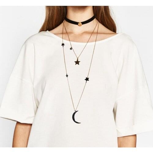 Top Fashion Multilayer Necklace Trendy Female Black Ribbon Choker Alloy Star Moon Necklace Pendant