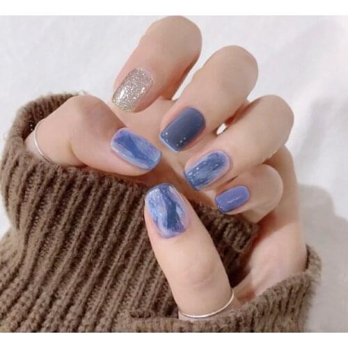 24PCS Blue Color Fake Nail Patch Sweet Style Removable Short Full Cover Nail Tips Manicure Women nail Art False Nail Patch TI