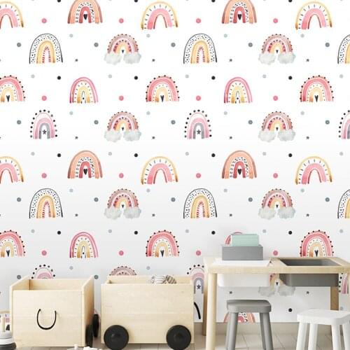 Nordic Kids Children Bedroom Wallpaper Roll PVC Wallpaper Self Adhesive Love Rainbow Cartoon Decor Baby Room Wall Paper Warm
