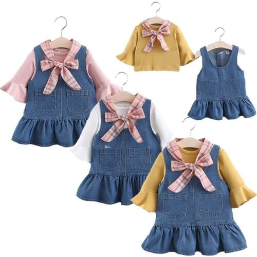 2020 New Girls T-shirt Denim Strap Dress 2 Pcs Clothing Dress Suits Children Casual Long-sleeved Cute Tie Clothes