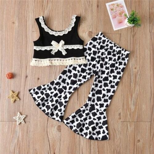 Baby Girl Clothes for Children Sleeveless Lace Vest Top Bell-bottom Trousers Floral Leopard Print Clothing Sets Kids Outfits