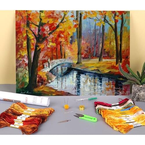 Autumn Stream Printed Fabric 11CT Cross-Stitch Kit DIY Embroidery DMC Threads Handiwork Craft Painting Hobby Magic Different