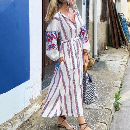 Women Sexy V Neck Lace-Up Tassel Ruffle Long Beach Dress Elegant Lantern Sleeve Maxi Dresses Fashion Vintage Printed Party Dress