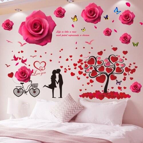 [shijuekongjian] Love Tree Wall Stickers DIY Cartoon Couples Red Roses Wall Decals for Bedroom House Wedding Room Decoration