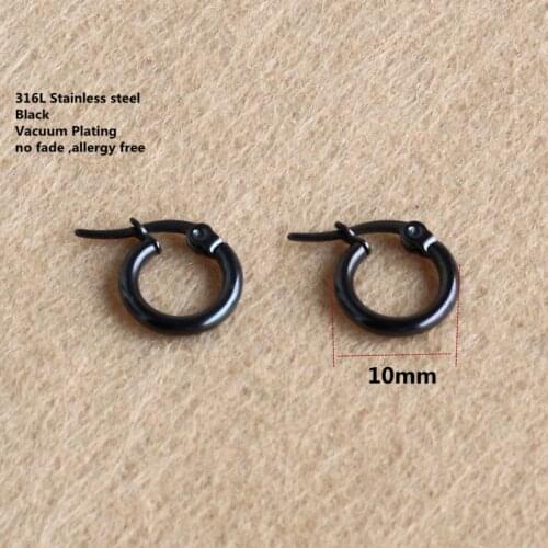 Black Plated Titanium 10mm Hoop Earrings 316 L Stainless Steel No Easy Fade Allergy Free
