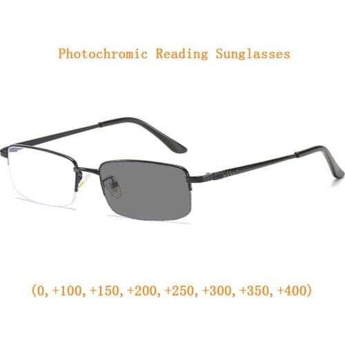 Intelligent Photochromic Reading Glasses for Men Metal Semi Rim Presbyopic Sunglasses Magnifier Travel Driving Spectacles 0~+4.0