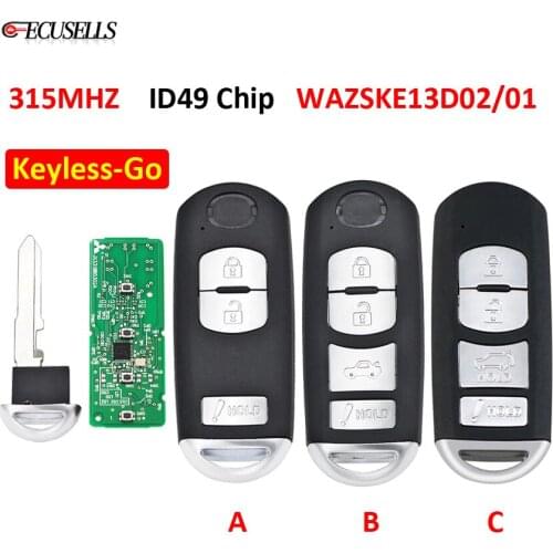 Keyless-Go 3/4 Button Smart Remote Car Key 315Mhz ID49 Chip WAZSKE13D01 / WAZSKE13D02 for Mazda 3 6 CX-3 CX-5 CX-9 MX5