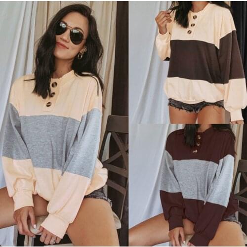 Autumn Women T-Shirts Long Lantern Sleeve Striped Color Patchwork New Hot INS Spring Casual Button Female Blouse Loose C2756