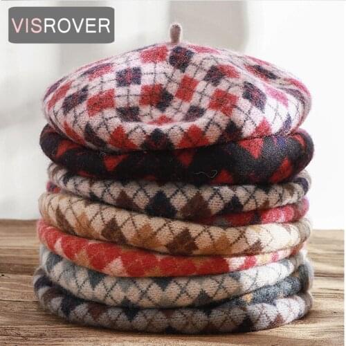 VISROVER 9 Colorways Woman Winter Hat Wool Diamond Beret Female Soft wool Hat Women Real wool Boina Gift Wholesales