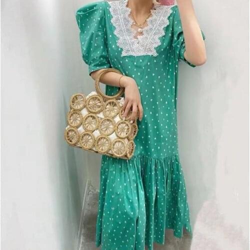 Star Green woman dress Hollow Out V Neck High Waist Casual holiday dresses for women Puff Sleeves Loose Fit long vestidos 2021