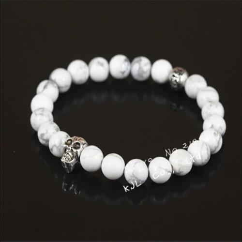 1pcs cavemous skull head men beads bracelet with a silver-color bead natural white howlite beads charm women bracelet