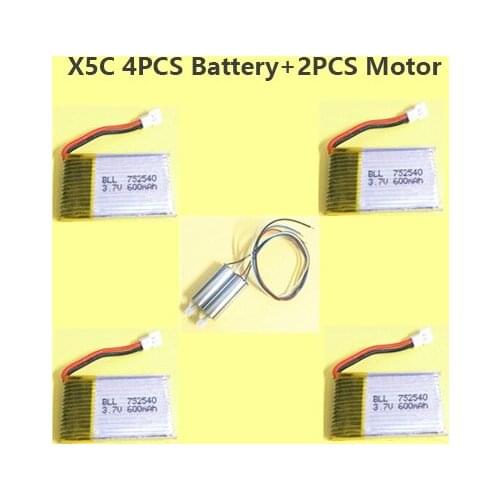 4PCS 3.7V 600mAH Lipo Battery and 2PCS Motor Spare Part Kit for RC Drone Quadcopter SYMA X5C Replacement Accessories