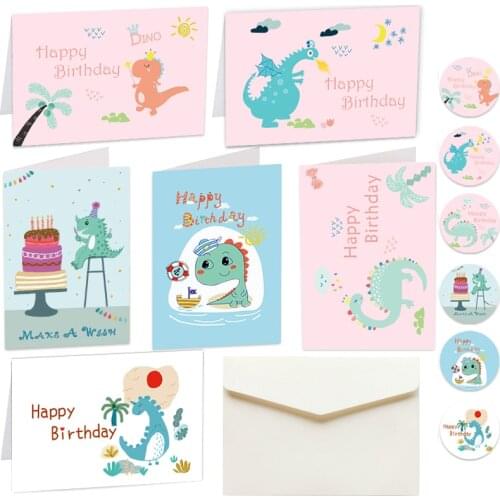 6sets Funny Cartoon Dinosaur Greeting Card Baby Shower Happy Birthday Gift Postcard with Envelope Sticker Cute Folding Card Set