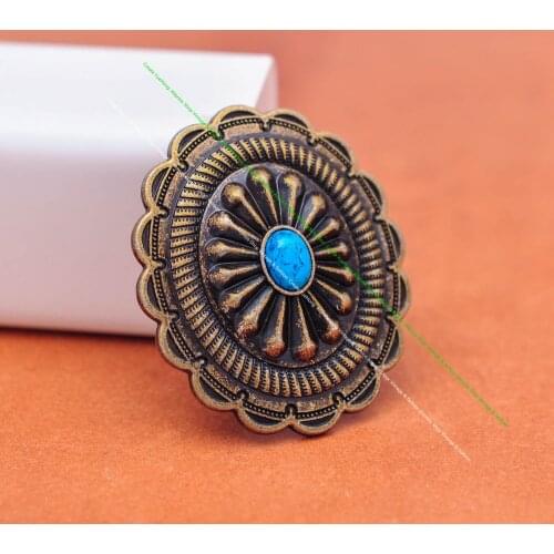 6pc 44*38mm Classic Indian Flower Carved Southeast Blue Turquoise DIY Leathercraft Luggage bag Purse Belt Oval Concho Screwback