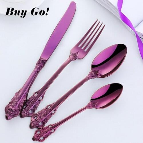 16pcs Vintage Western Stainless Steel Purple Plated Dining Knives Forks Teaspoons Set Luxury Dinnerware Engraving Tableware Set