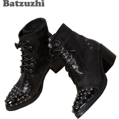 Batzuzhi 6.8CM Heels Black Men Boots Genuine Leather Fashion Mens Oxfords Boots Round Toe Rivets Square High Heels Men Boots
