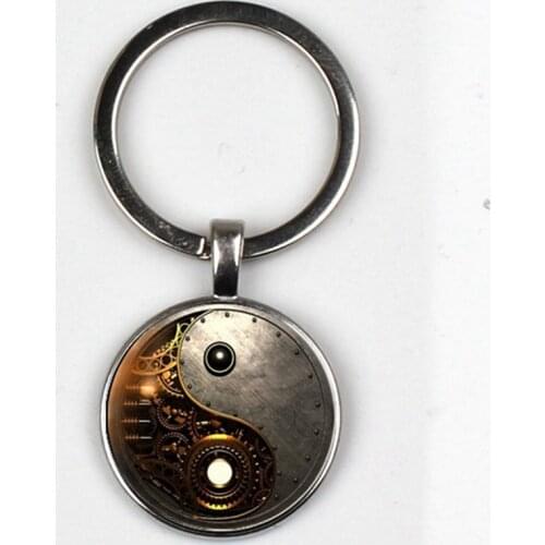 Charm steampunk yin and yang photo Taiji keychain Tibetan silver retro cabochon glass pendant key chain men and women best gift