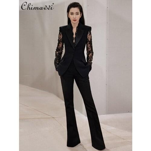 Elegant Ol Business Outfit Slim-Fit Lace Suit Jacket Trousers Fashion Womens Clothing Two-Piece Set Feminine Spring 2021 New