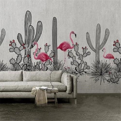 Milofi custom photo wallpaper mural hand-painted Nordic flamingo cactus living room sofa TV decorative painting background wall