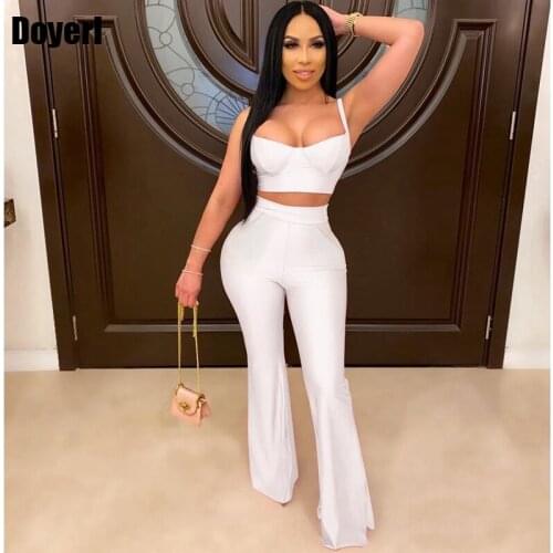 White Sexy Two Piece Set Top and Pants Suit Summer Women Set Clothes Long Flare Pants Bodycon 2 Piece Matching Set Club Outfits