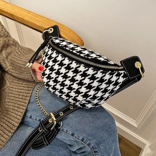 С доставкой Houndstooth Small Simple Waist Packs Women 2021 winter Chest Bags Female Fashion Phone Purses Chain Travel Belt Bag